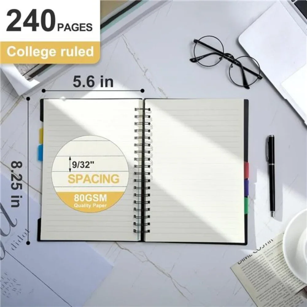 5 Subject College-Ruled Notebook, 240 Pages with Dividers, A5 Spiral, 5x7, Black